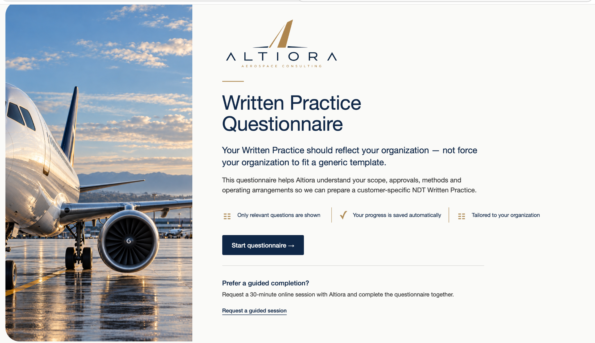 Actual Altiora Written Practice Questionnaire introduction screen