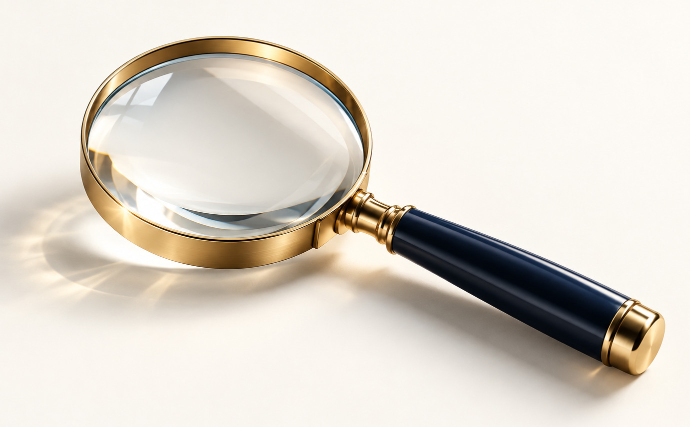 Gold and navy magnifying glass symbolising a technical document review